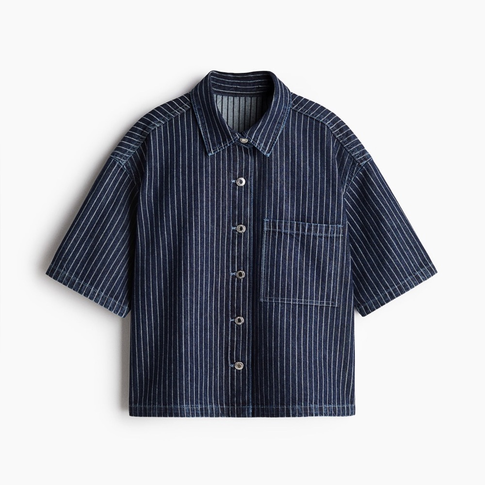 H&M OVERSIZED DENIM SHIRT dark denim blue/striped